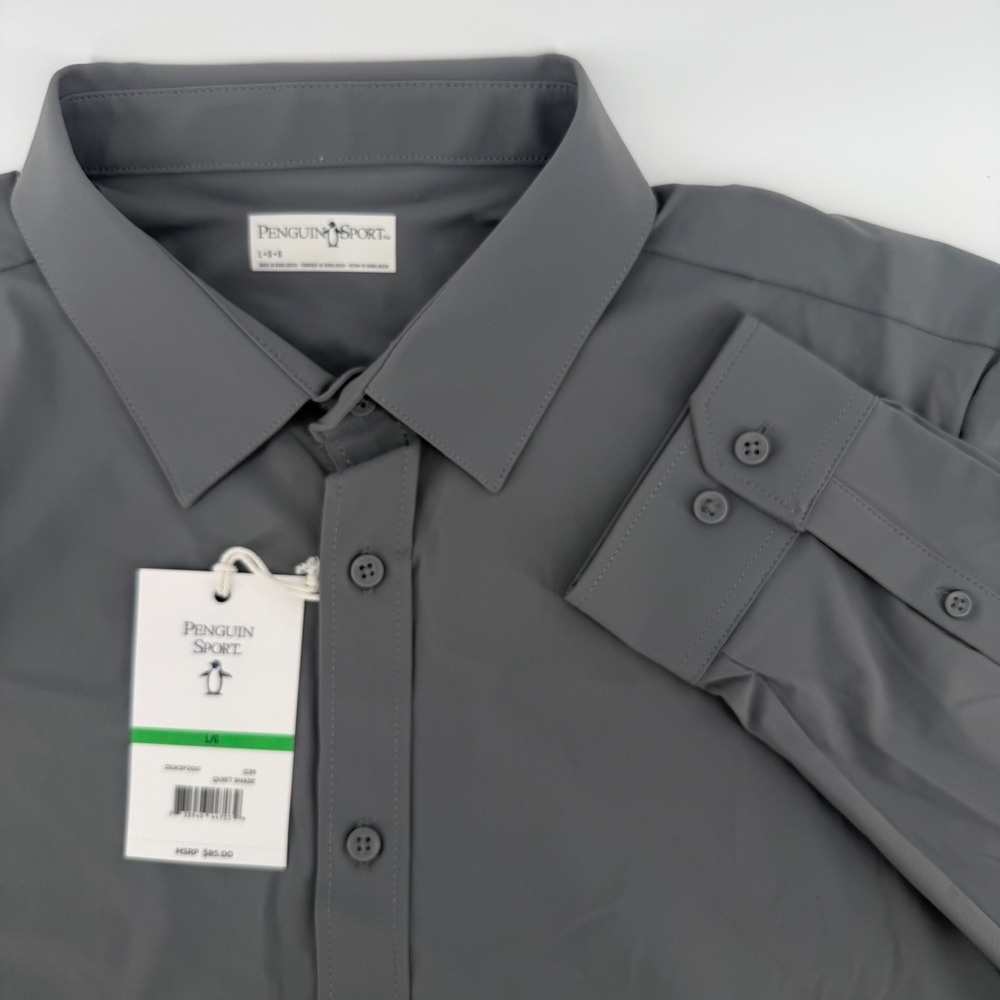 Penguin Sport Mens L G Button Down Shirt Gray Quiet‎ Shade Long Sleeve MSRP $85
